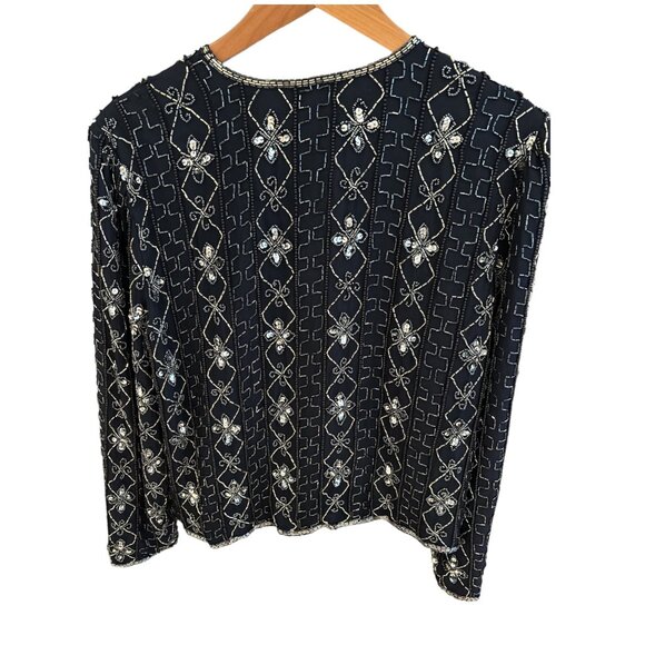 Vintage Scala Beaded Silk Jacket Navy/Gold Size L Made In India - Picture 3 of 6